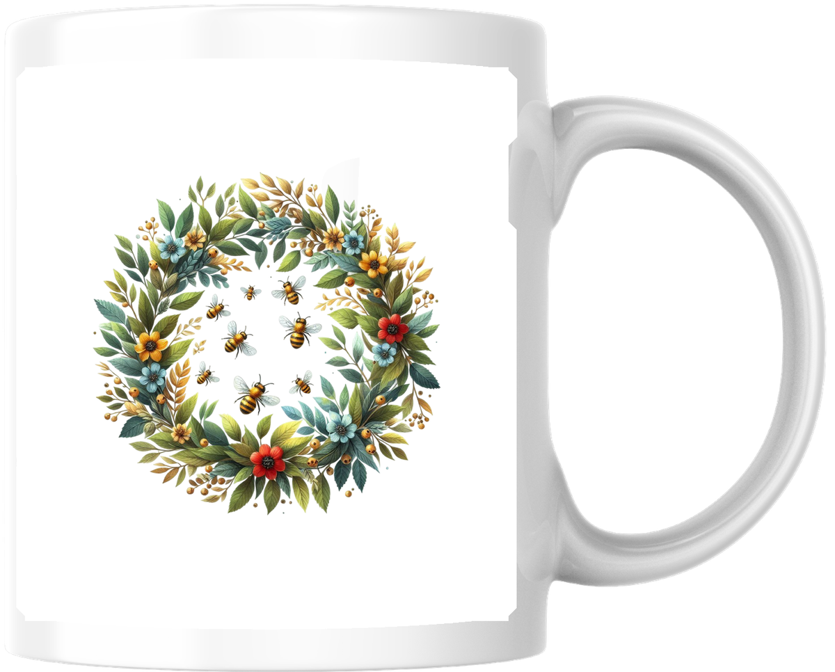 Honey Bee Floral Wreath Mug | Watercolor Botanical Coffee Mug | Bee Lover Garden Gift