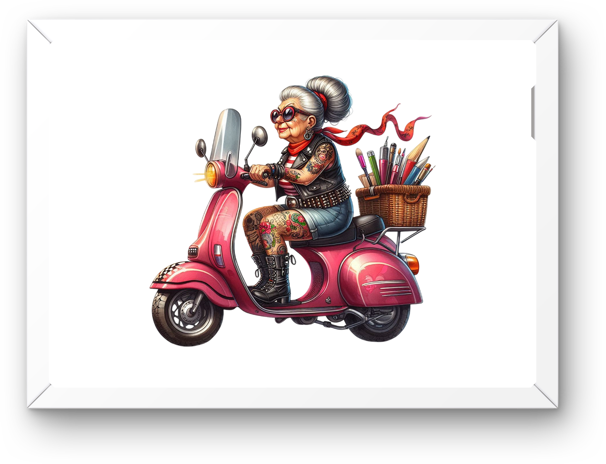Tattooed Granny On Pink Scooter Wall Art | Quirky Colorful Illustration Print | Funny Cool Grandma Gift