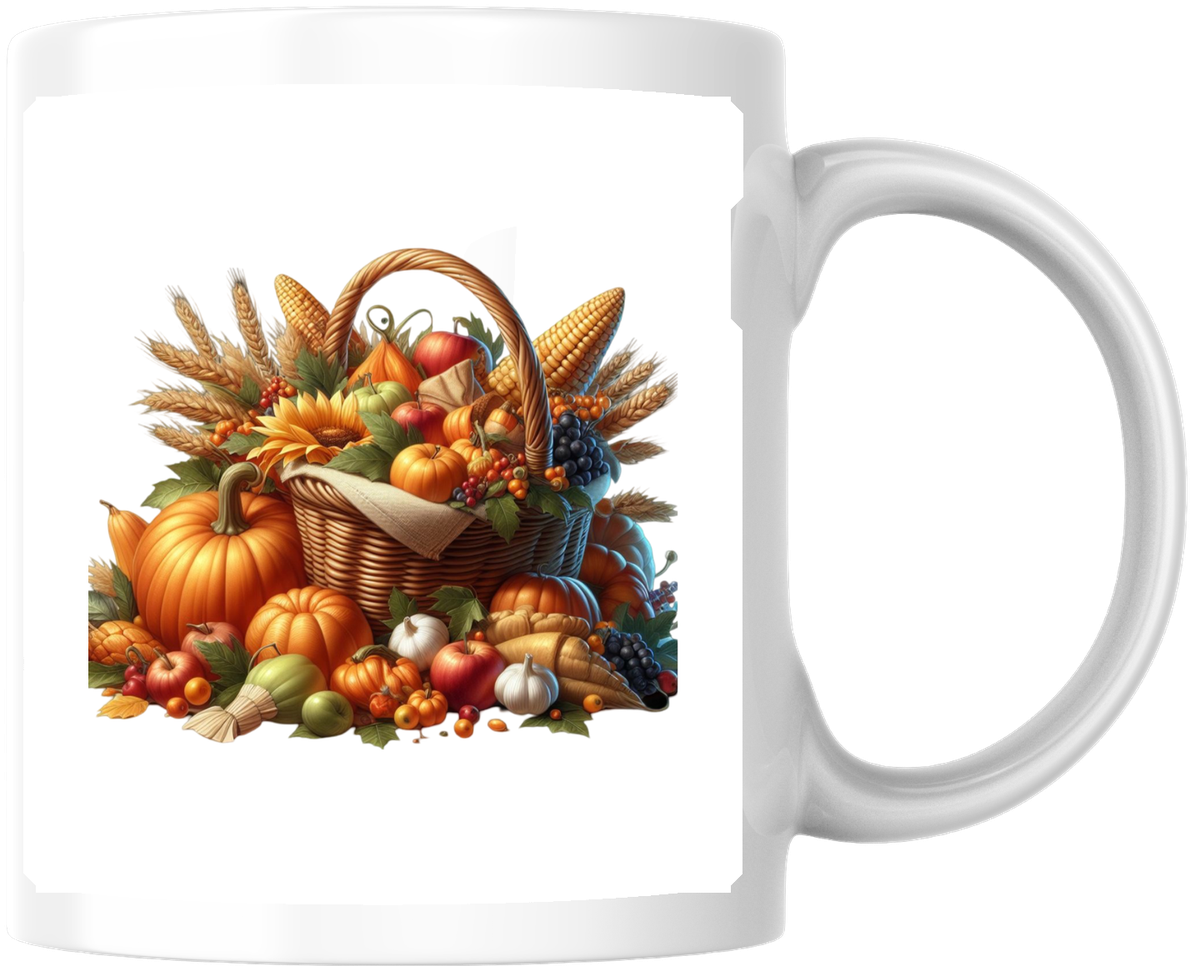 Autumn Harvest Basket Mug | Pumpkin Cornucopia Coffee Mug | Thanksgiving Fall Gift